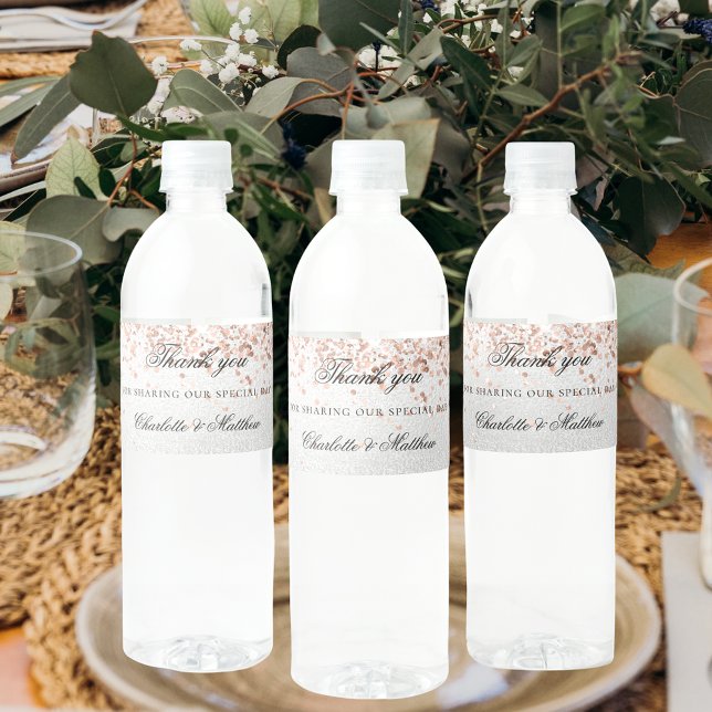 Silver rose gold elegant script wedding thank you water bottle label (Creator Uploaded)
