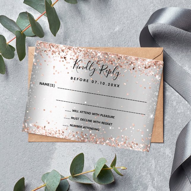 Silver rose gold elegant wedding RSVP Card (Creator Uploaded)