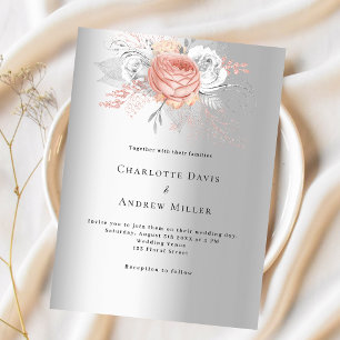 Silver rose gold floral wedding invitation