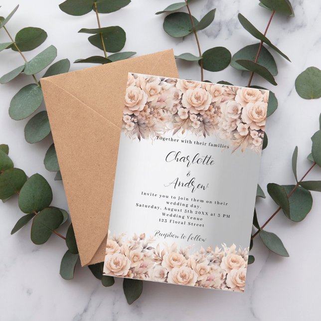 Silver rose gold florals elegant wedding invitation (Creator Uploaded)