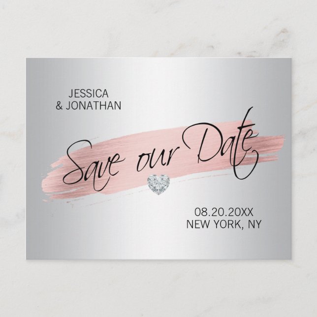 Silver Rose Gold Foil Wedding SAVE OUR DATE Announcement Postcard (Front)