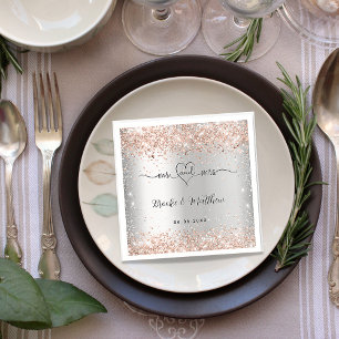 Silver rose gold glitter mr mrs heart wedding napkin