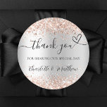 Silver rose gold heart thank you wedding classic round sticker<br><div class="desc">Faux silver background,  decorated with rose gold confetti.  With the text: Thank you for sharing our special day,  with a small heart.   Personalise and add your names.</div>