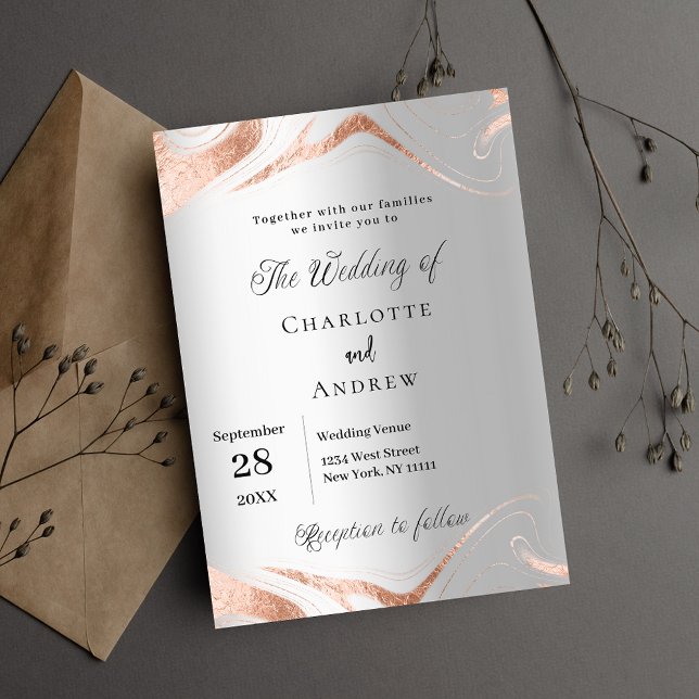 Silver rose gold marble luxury wedding invitation (Creator Uploaded)