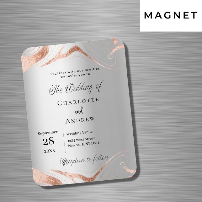 Silver rose gold marble luxury wedding invitation magnet (Creator Uploaded)