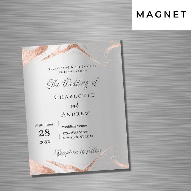 Silver rose gold marble luxury wedding magnetic invitation (Creator Uploaded)