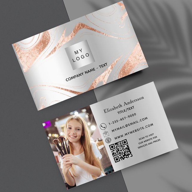 Silver rose gold marble photo QR code logo Business Card (Creator Uploaded)