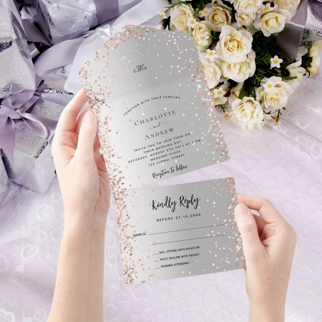 Silver rose gold monogram wedding all in one invitation (Creator Uploaded)