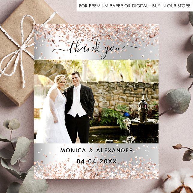 Silver rose gold photo wedding thank you card (Creator Uploaded)