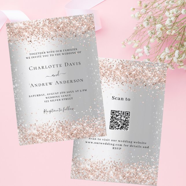 Silver rose gold QR code RSVP details wedding Invitation (Creator Uploaded)
