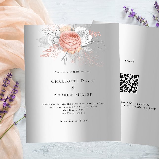 Silver rose gold QR RSVP budget wedding invitation (Creator Uploaded)