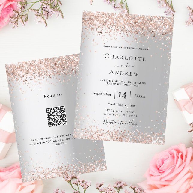 Silver rose gold QR RSVP details luxury wedding Invitation (Creator Uploaded)