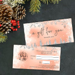 Silver rose gold snow pine logo gift certificate<br><div class="desc">Modern logo gift certificate with this luxury silver glitter snowflakes sparkles and silver glitter pine tree forest on an elegant festive faux rose gold metallic background,  featuring a modern cool script font typography. Perfect gift for anyone! Add your logo.</div>