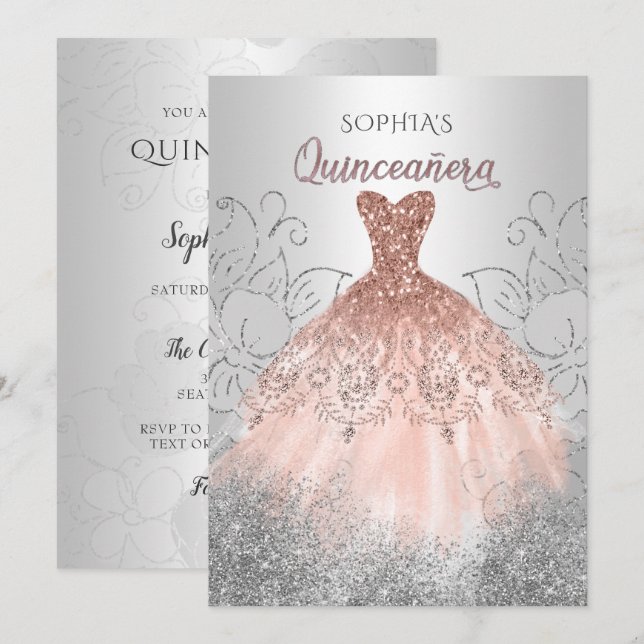 Silver Rose Gold Sparkle Dress Quinceañera Quince Invitation (Front/Back)