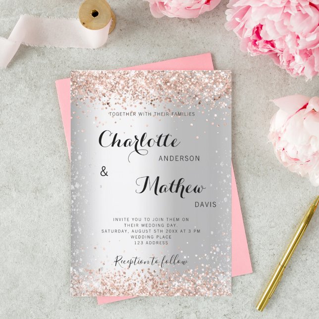 Silver rose gold sparkle formal wedding invitation (Creator Uploaded)