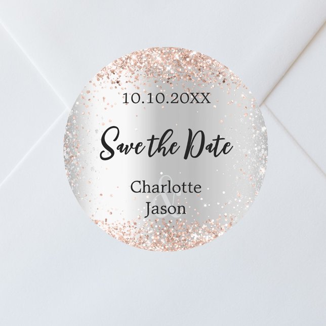 Silver rose gold wedding Save the Date Classic Round Sticker (Creator Uploaded)
