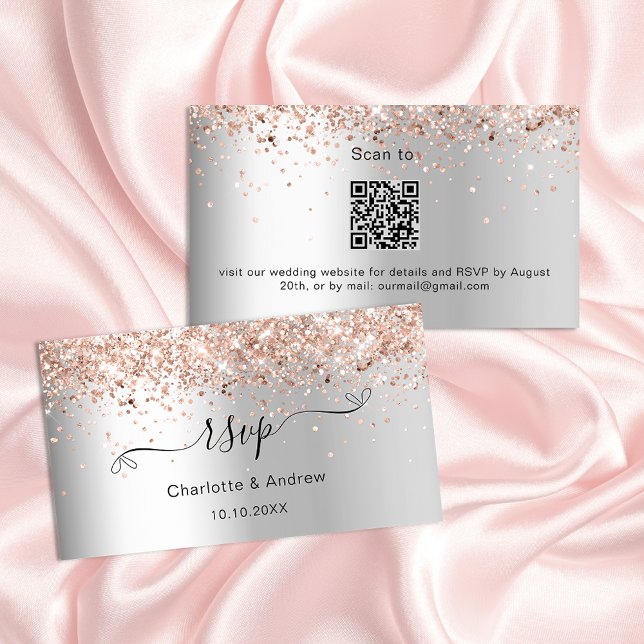 Silver rose gold wedding website RSVP QR code Enclosure Card (Creator Uploaded)