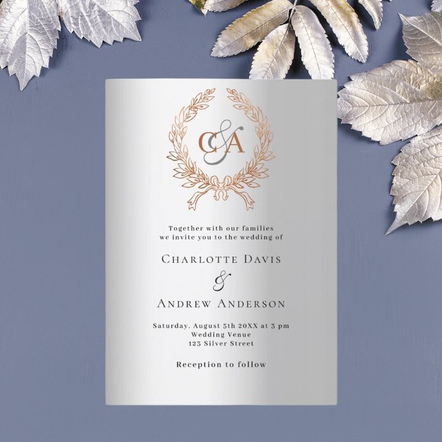 Silver rose gold wreath monogram wedding invitation (Creator Uploaded)