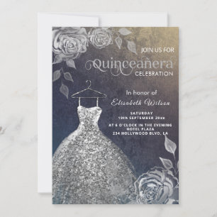 Silver roses trendy sequins dress Quinceañera Invitation