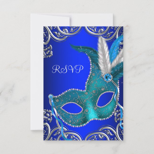 Silver Royal and Teal Blue Masquerade Party RSVP Card (Front)