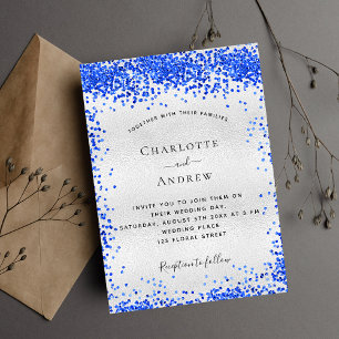 Silver royal blue confetti wedding invitation