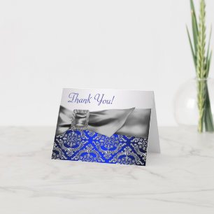 Silver Royal Blue Damask Thank You Card