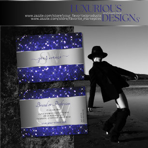 Silver Royal Blue Glitter Sparkle Stars Initials Business Card