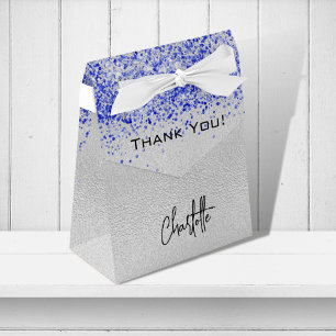 Silver royal blue glitter sparkles name thank you favour box