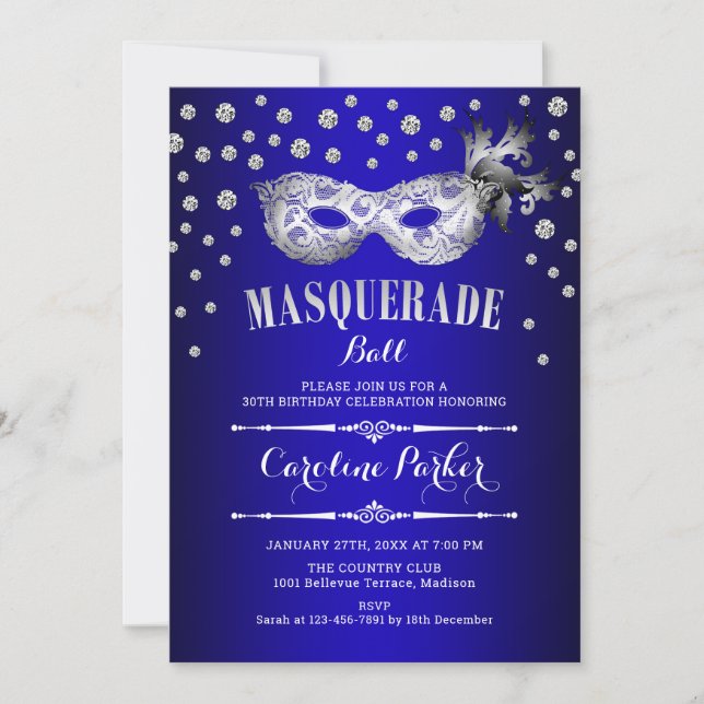 Silver Royal Blue Masquerade Ball Birthday Party Invitation (Front)