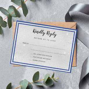 Silver royal blue metal elegant bow wedding RSVP Card