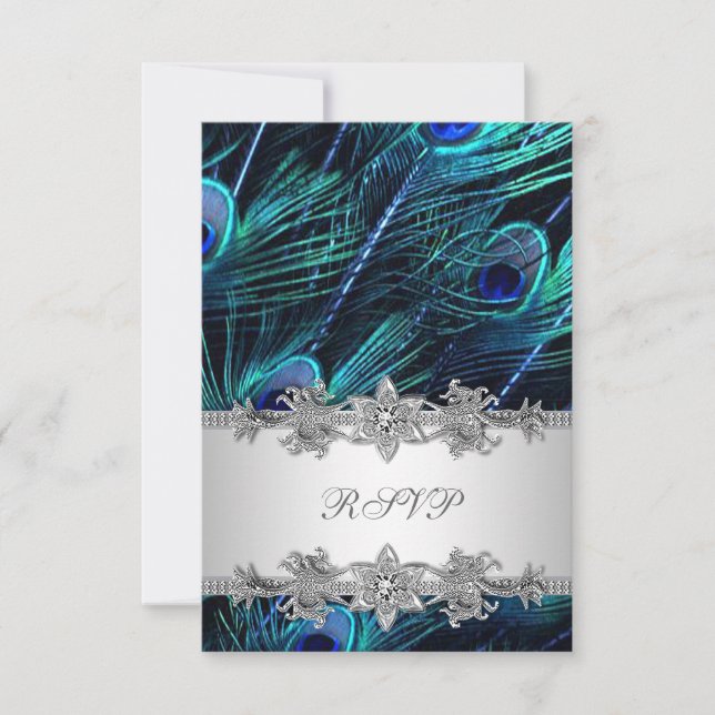 Silver Royal Blue Peacock Wedding RSVP (Front)