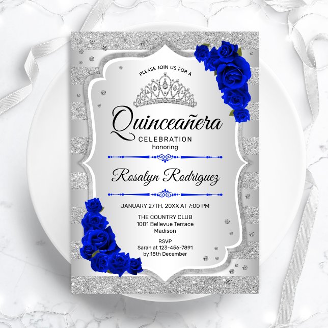 Silver Royal Blue Quinceanera Invitation