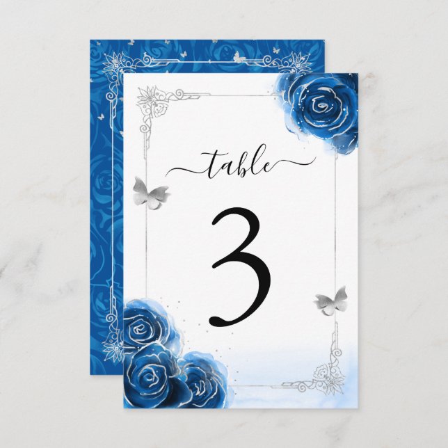 Silver Royal Blue Roses Elegant Table Number Card (Front/Back)