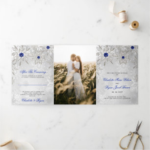Silver Royal Blue Snowflake Winter Wedding Tri-Fold Programme