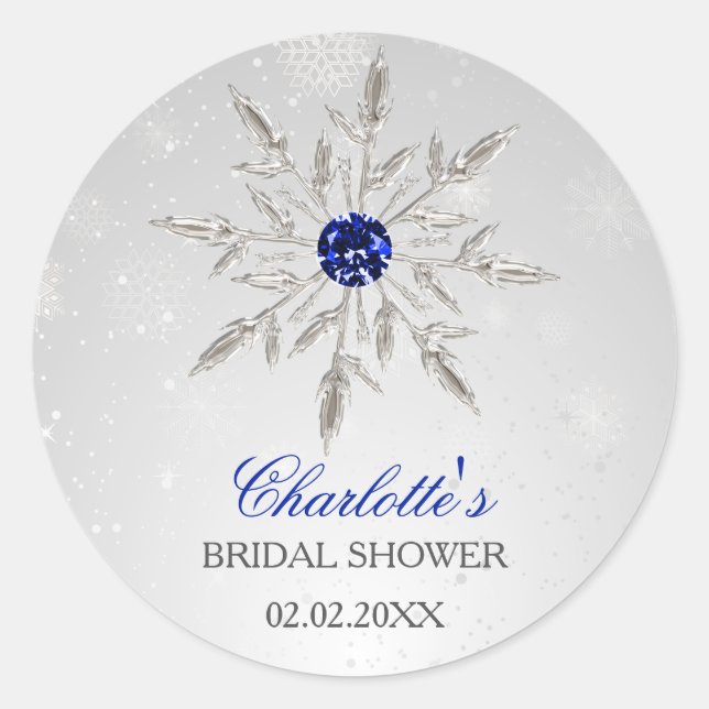 Silver Royal Blue snowflakes bridal shower Classic Round Sticker (Front)