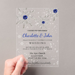 Silver Royal Blue snowflakes Winter Wedding Acrylic Invitations
