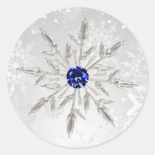 silver royal blue snowflakes winter wedding classic round sticker (Front)