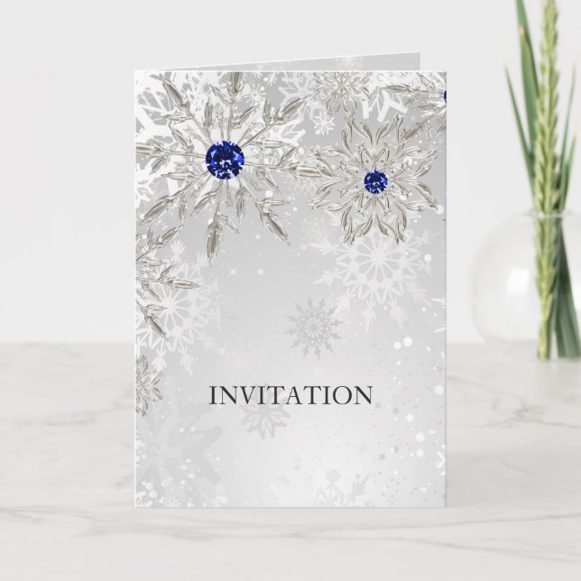 silver royal blue snowflakes winter wedding invitation (Front)