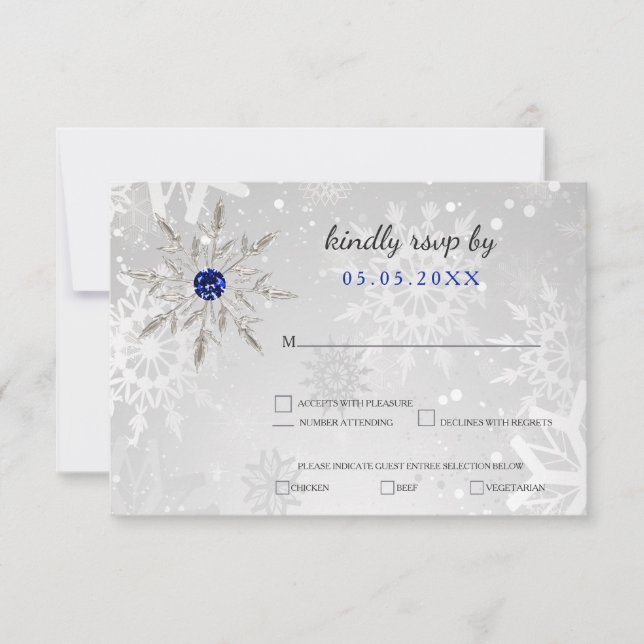 silver Royal Blue snowflakes winter wedding rsvp (Front)