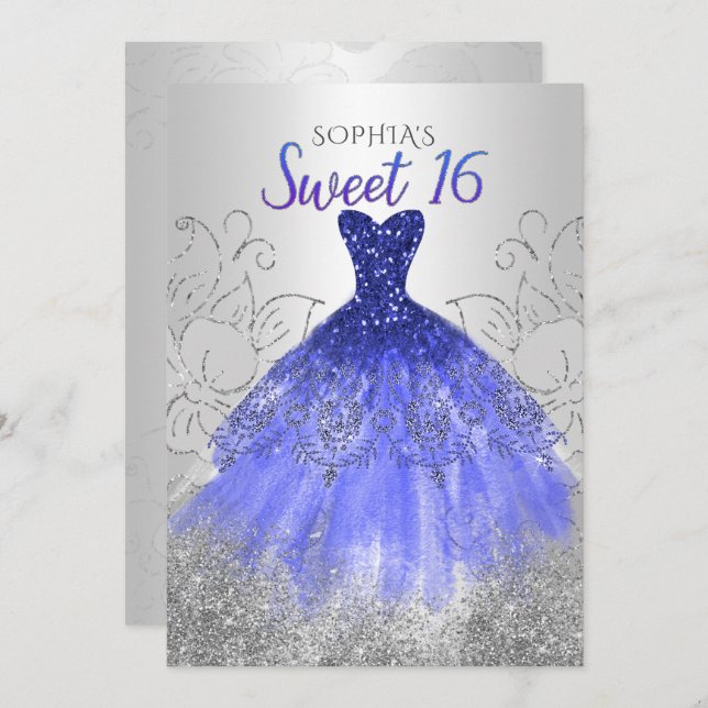 Silver Royal Blue Sparkle Dress Sweet 16  Invitation (Front/Back)