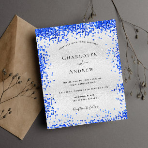 Silver royal blue wedding budget invitation