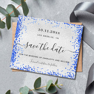 Silver royal blue wedding save the date card