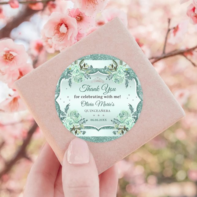 Silver Royal Green Quinceanera Birthday Classic Round Sticker (Creator Uploaded)