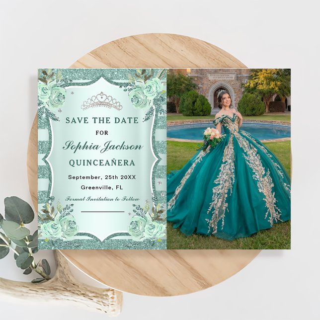Silver Royal Green Quinceanera Photo Save The Date (Creator Uploaded)