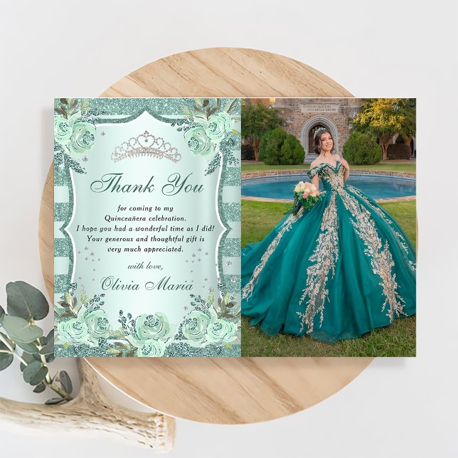 Silver Royal Green Quinceanera Thank You Card  (Creator Uploaded)