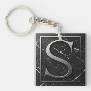 ⚜️ Silver S Stone Crest On Black Marble Frame 🔑 Key Ring
