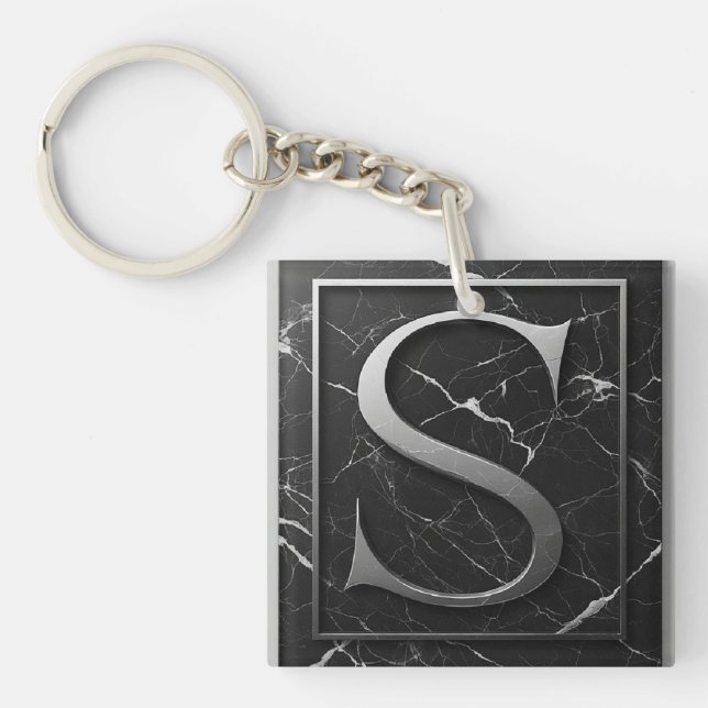 ⚜️ Silver S Stone Crest On Black Marble Frame 🔑 Key Ring (Front)