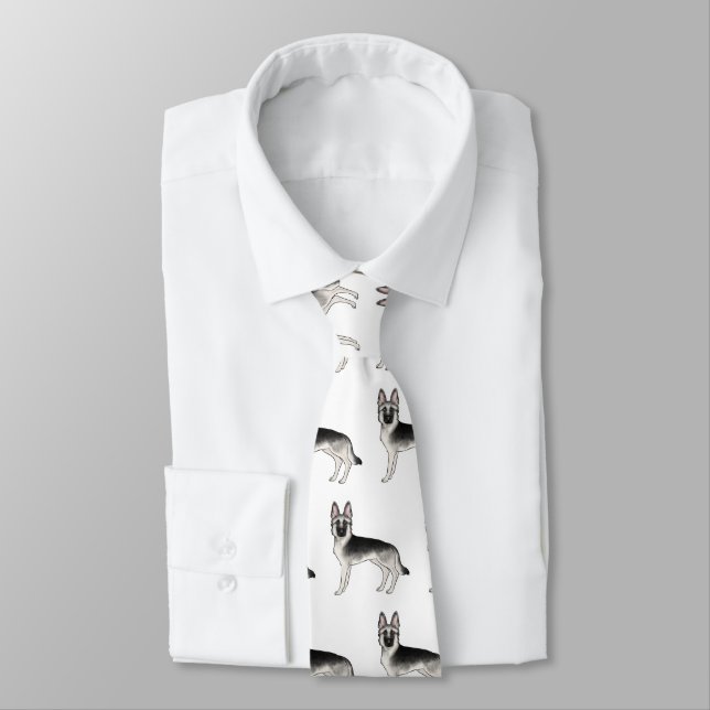 Silver Sable German Shepherd Cartoon Dog Pattern Tie (Tied)