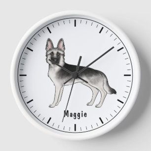 Silver Sable German Shepherd Dog With Custom Text Clock