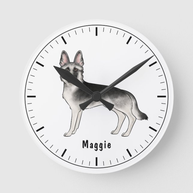 Silver Sable German Shepherd Dog With Custom Text Round Clock (Front)